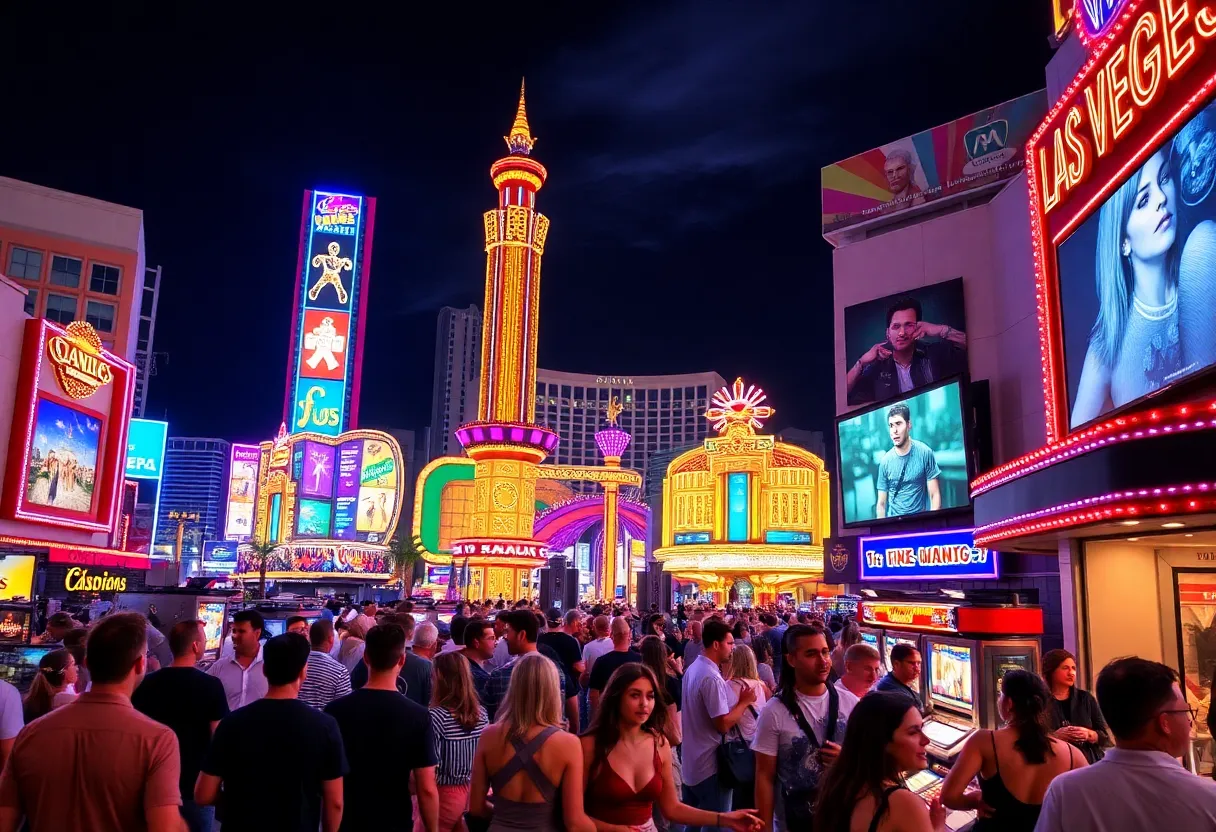 A lively view of the Las Vegas Strip filled with neon lights and crowds enjoying the nightlife.