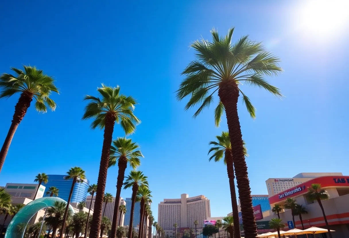 Clear blue skies over Las Vegas with palm trees indicating summer heat.