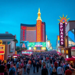 Busy Las Vegas Strip with tourists and neon lights