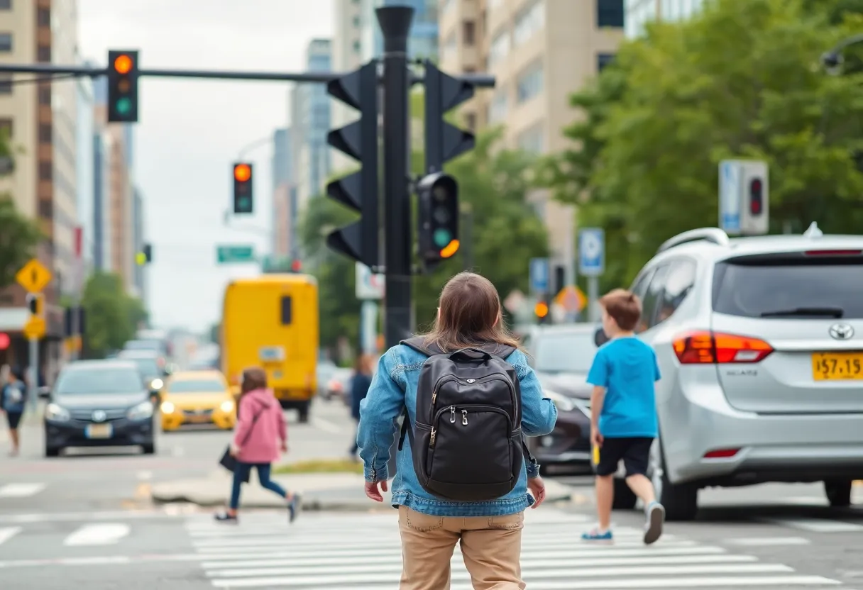 Busy intersection in Las Vegas, emphasizing child safety.