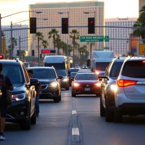 A busy Las Vegas street with pedestrians and vehicles, focusing on traffic safety.