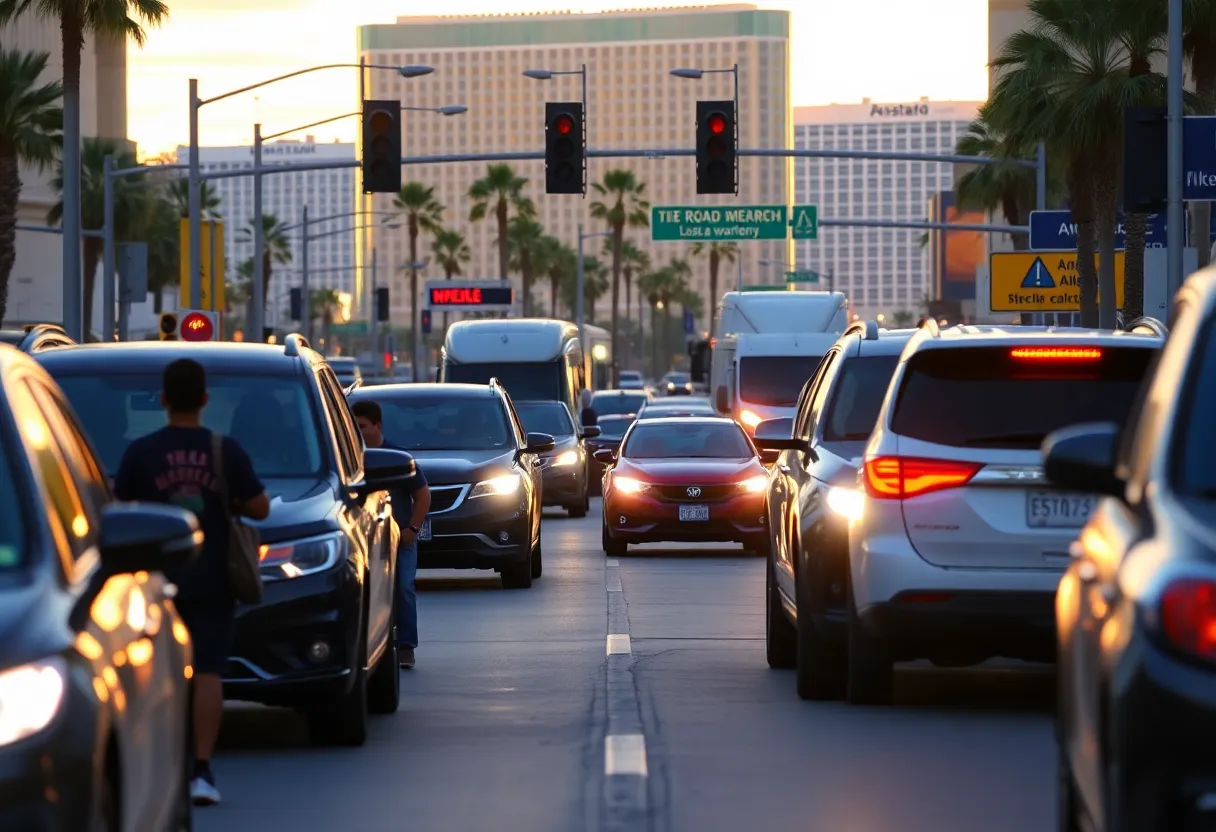 A busy Las Vegas street with pedestrians and vehicles, focusing on traffic safety.