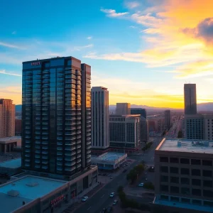 A panoramic view of rental apartments in Las Vegas against a sunset backdrop.