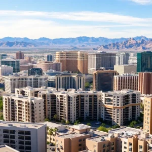 Skyline of Las Vegas Valley showing apartment buildings and blue sky.