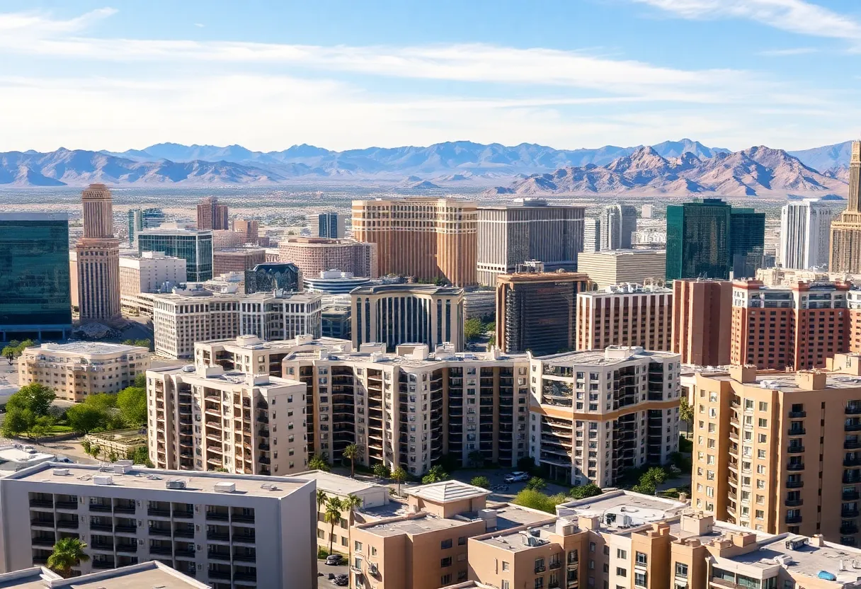 Skyline of Las Vegas Valley showing apartment buildings and blue sky.