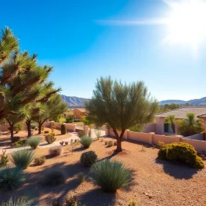 Residential area in Las Vegas with mature trees and landscaping