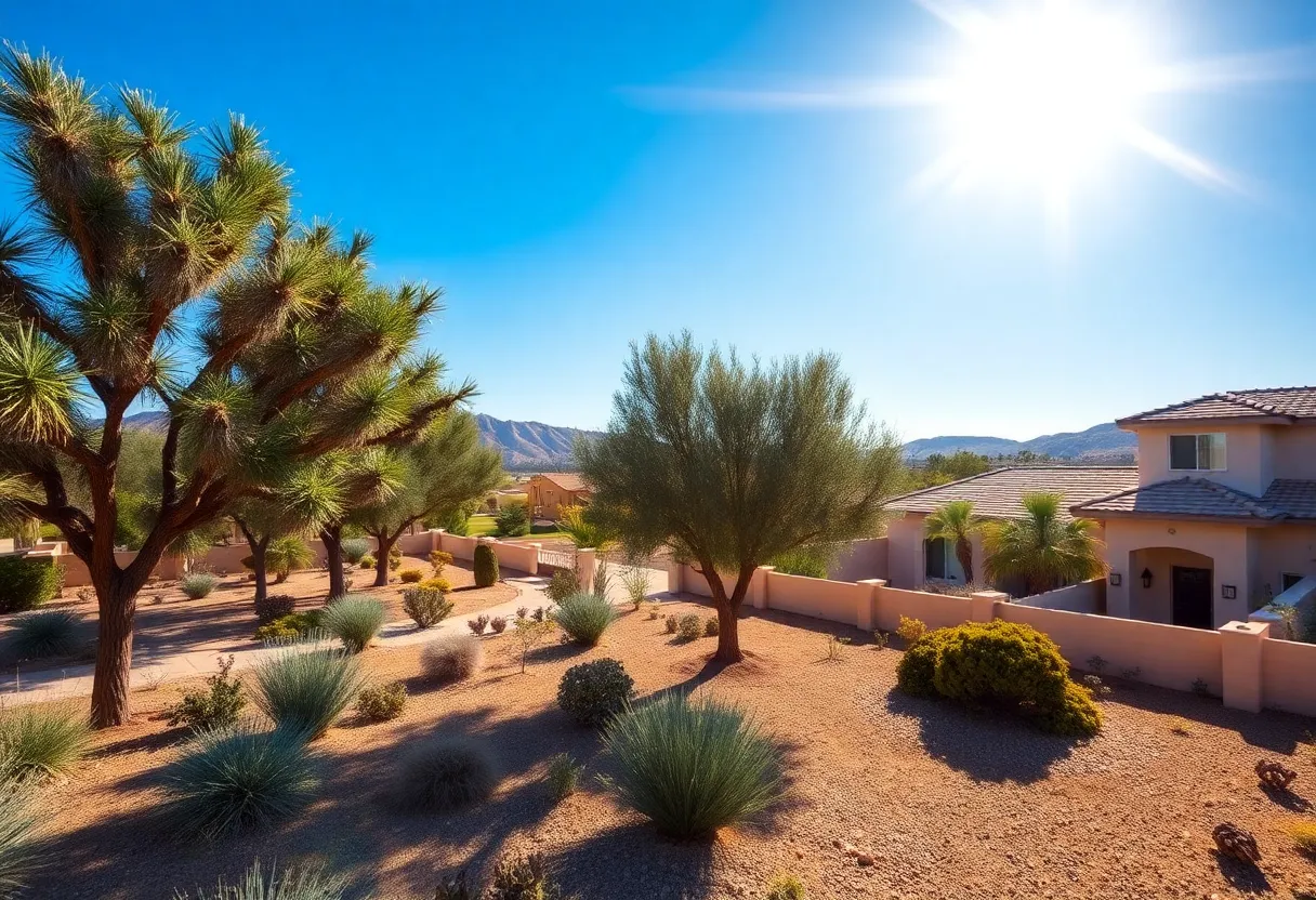 Residential area in Las Vegas with mature trees and landscaping