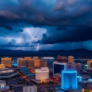Las Vegas cityscape during a storm with dark clouds and lightning