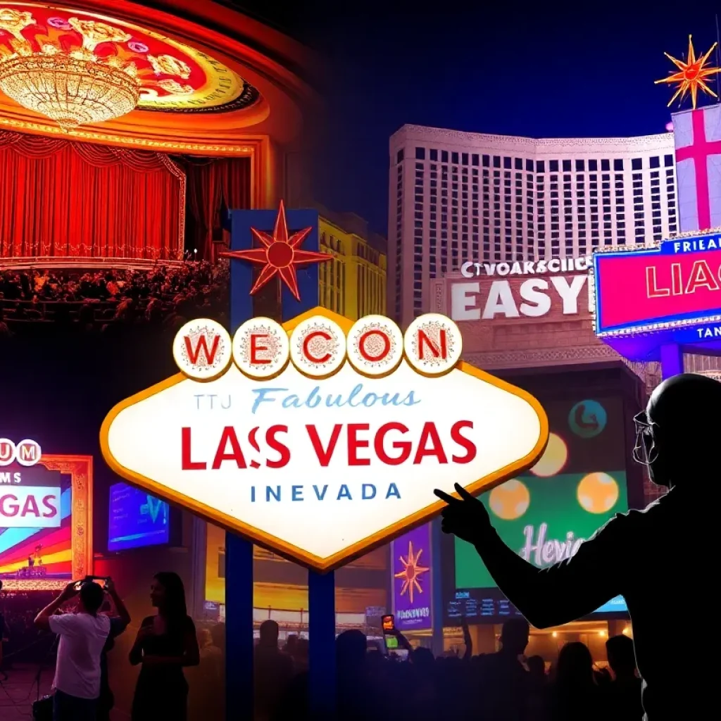 A collage of Las Vegas entertainment including theater, live music, and sports.