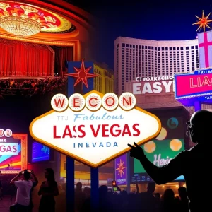 A collage of Las Vegas entertainment including theater, live music, and sports.