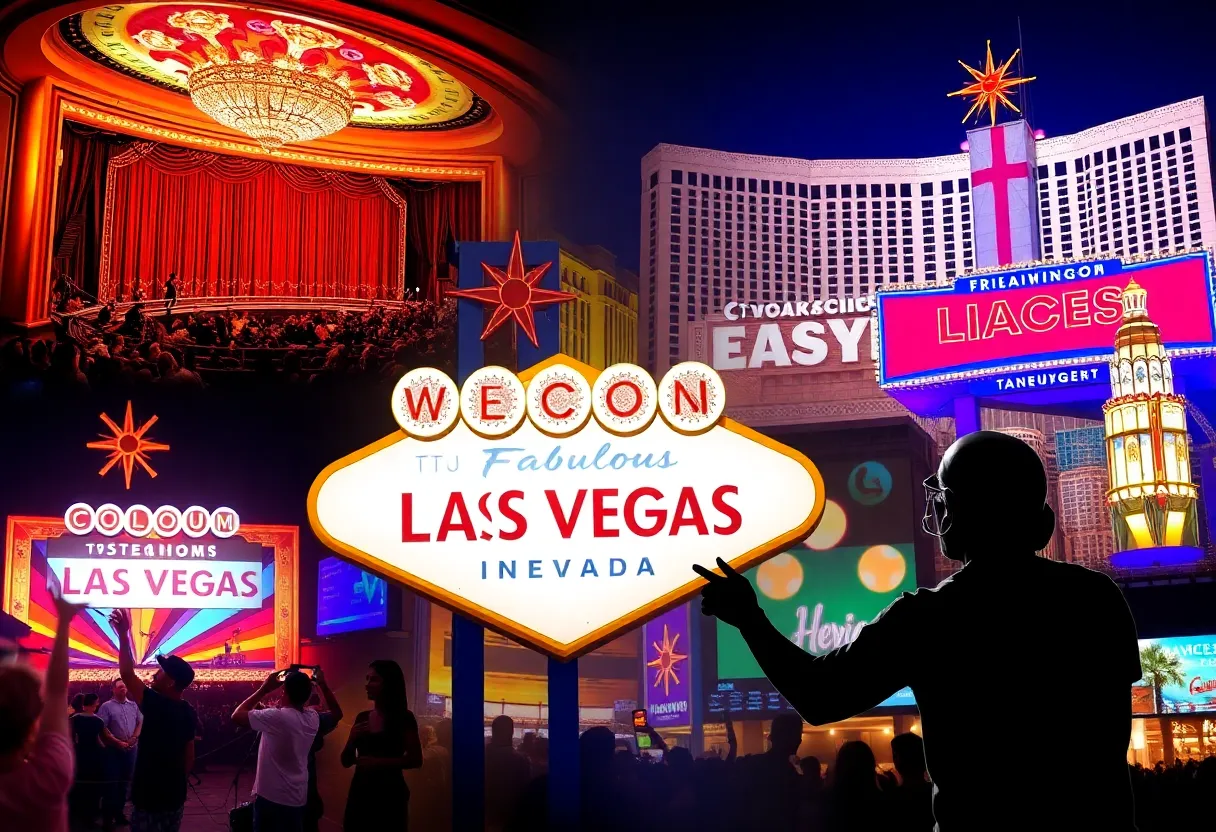 A collage of Las Vegas entertainment including theater, live music, and sports.