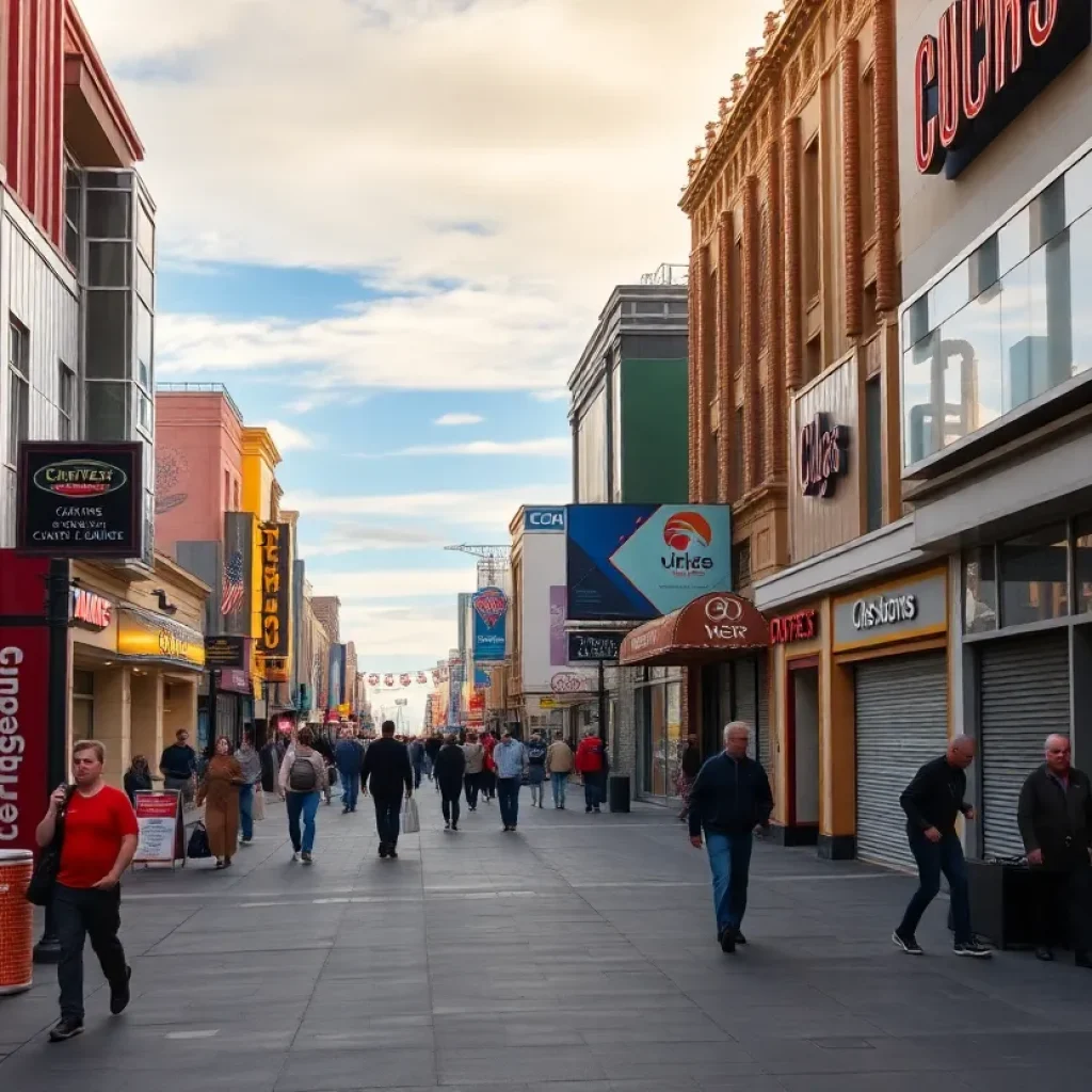 Empty Las Vegas Strip with fewer tourists indicating economic struggles.