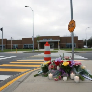 Memorial at a school zone for a student who lost their life in an accident
