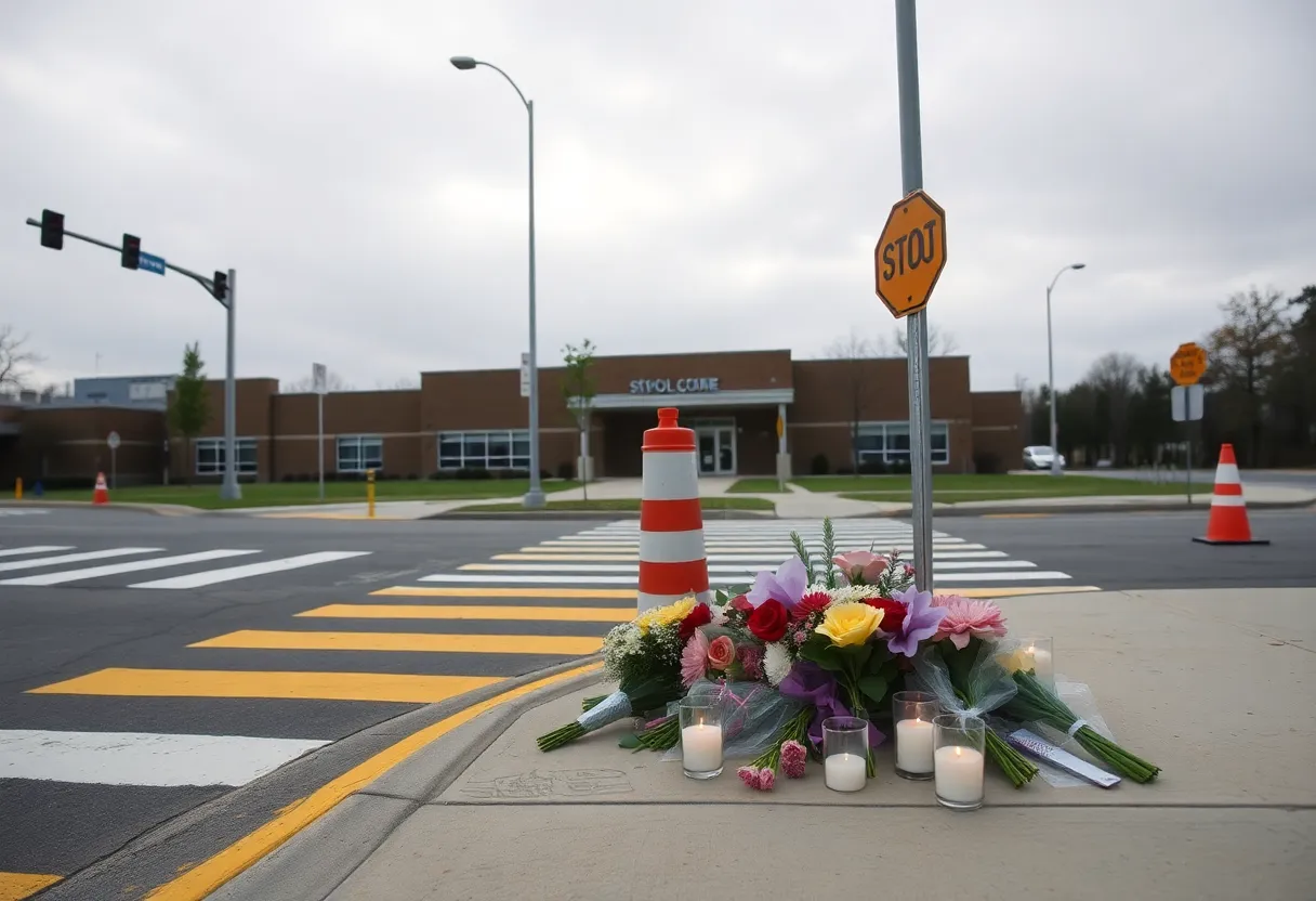 Memorial at a school zone for a student who lost their life in an accident