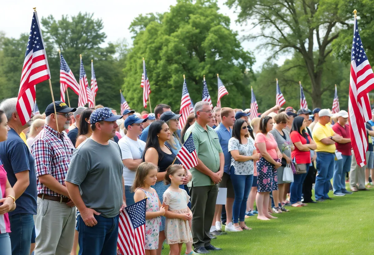 Community members gathering for Memorial Day tributes with American flags