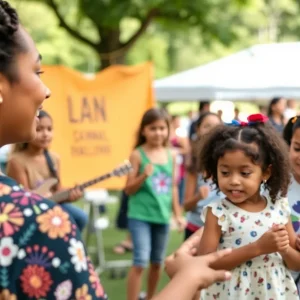 Community event promoting mental health awareness with families engaged in activities