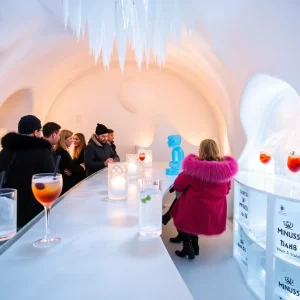 Guests enjoying drinks at Minus5 Ice Bar surrounded by ice sculptures