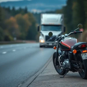 A motorcycle parked on the side of a highway with a semi-truck in the background.