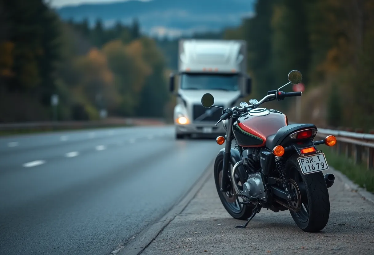 A motorcycle parked on the side of a highway with a semi-truck in the background.