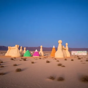 A desert view featuring ghost towns and colorful art installations in Nevada.