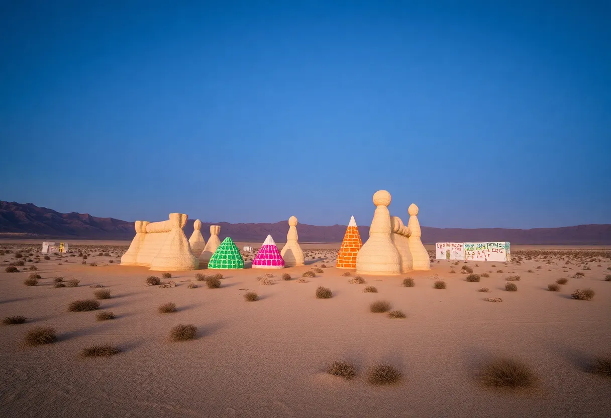 A desert view featuring ghost towns and colorful art installations in Nevada.
