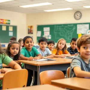 Students in a Nevada classroom working together on an educational project.
