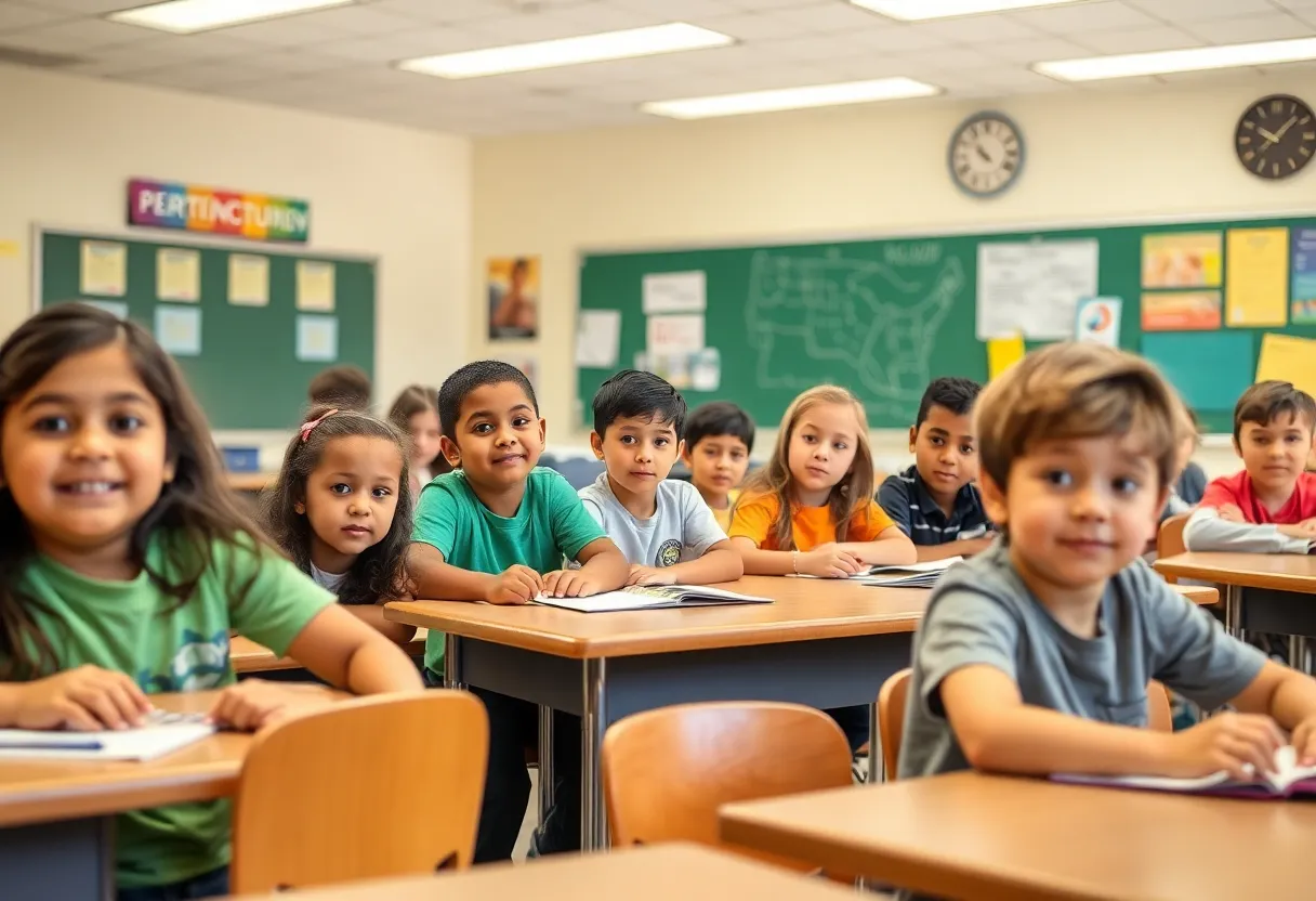 Students in a Nevada classroom working together on an educational project.