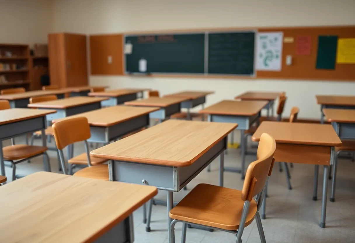 Empty classroom representing educational funding challenges in Nevada.