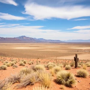 A picturesque Nevada landscape with symbolic elements of political tension.