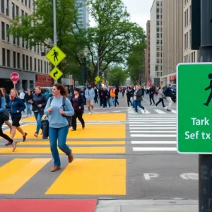 City street with pedestrians and safety signs advocating for improved pedestrian safety