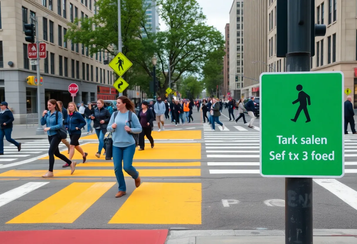 City street with pedestrians and safety signs advocating for improved pedestrian safety