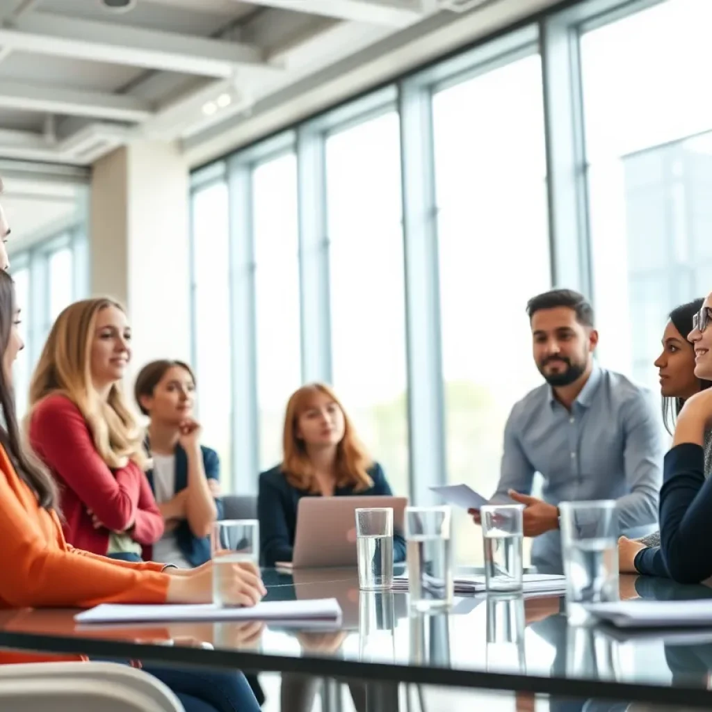 Young leaders discussing ideas in a conference setting
