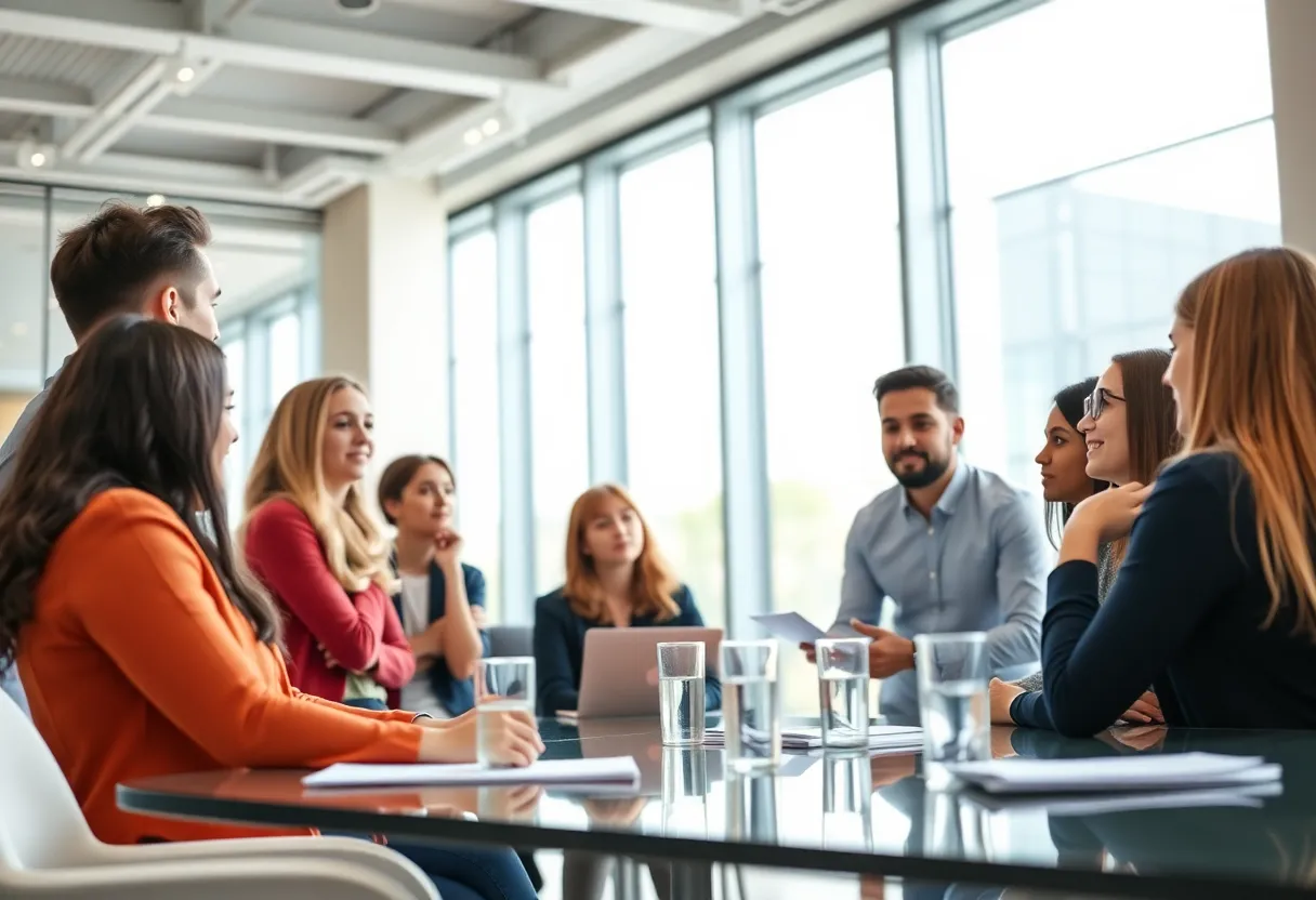 Young leaders discussing ideas in a conference setting