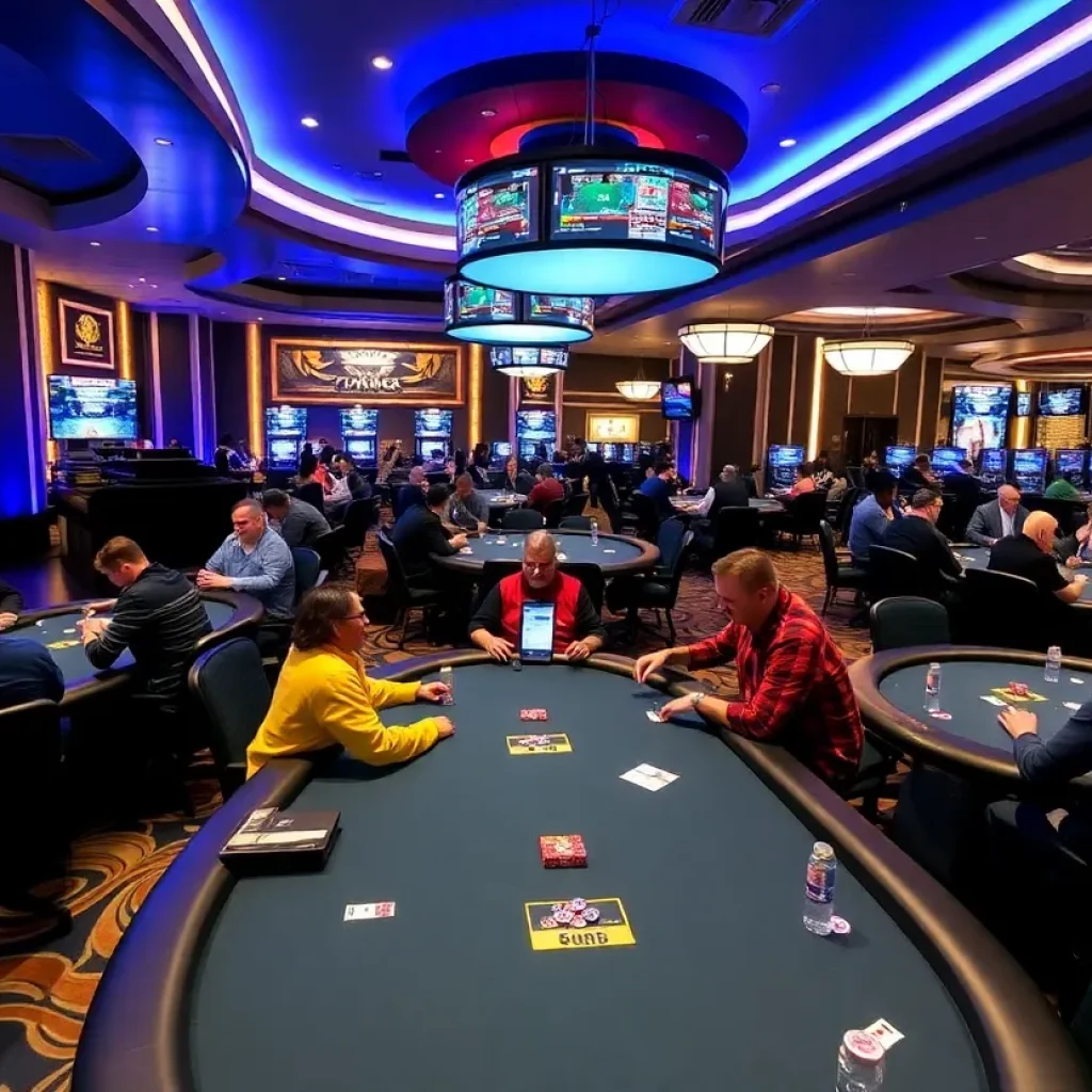 A modern poker room with players engaging at tables, featuring multiple screens and a lively atmosphere.
