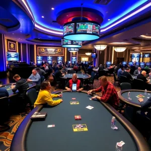 A modern poker room with players engaging at tables, featuring multiple screens and a lively atmosphere.