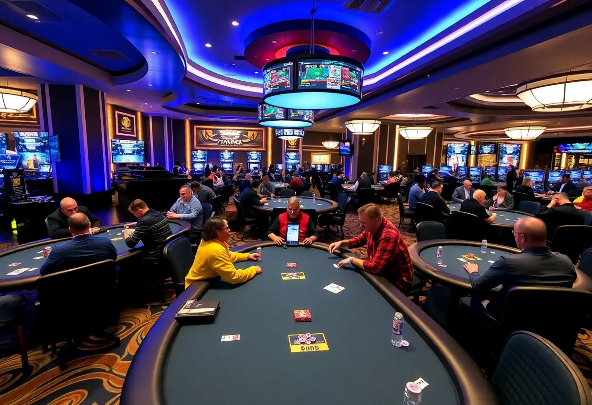 A modern poker room with players engaging at tables, featuring multiple screens and a lively atmosphere.
