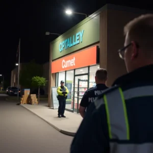 Police officers investigating a store after an armed robbery in Las Vegas.