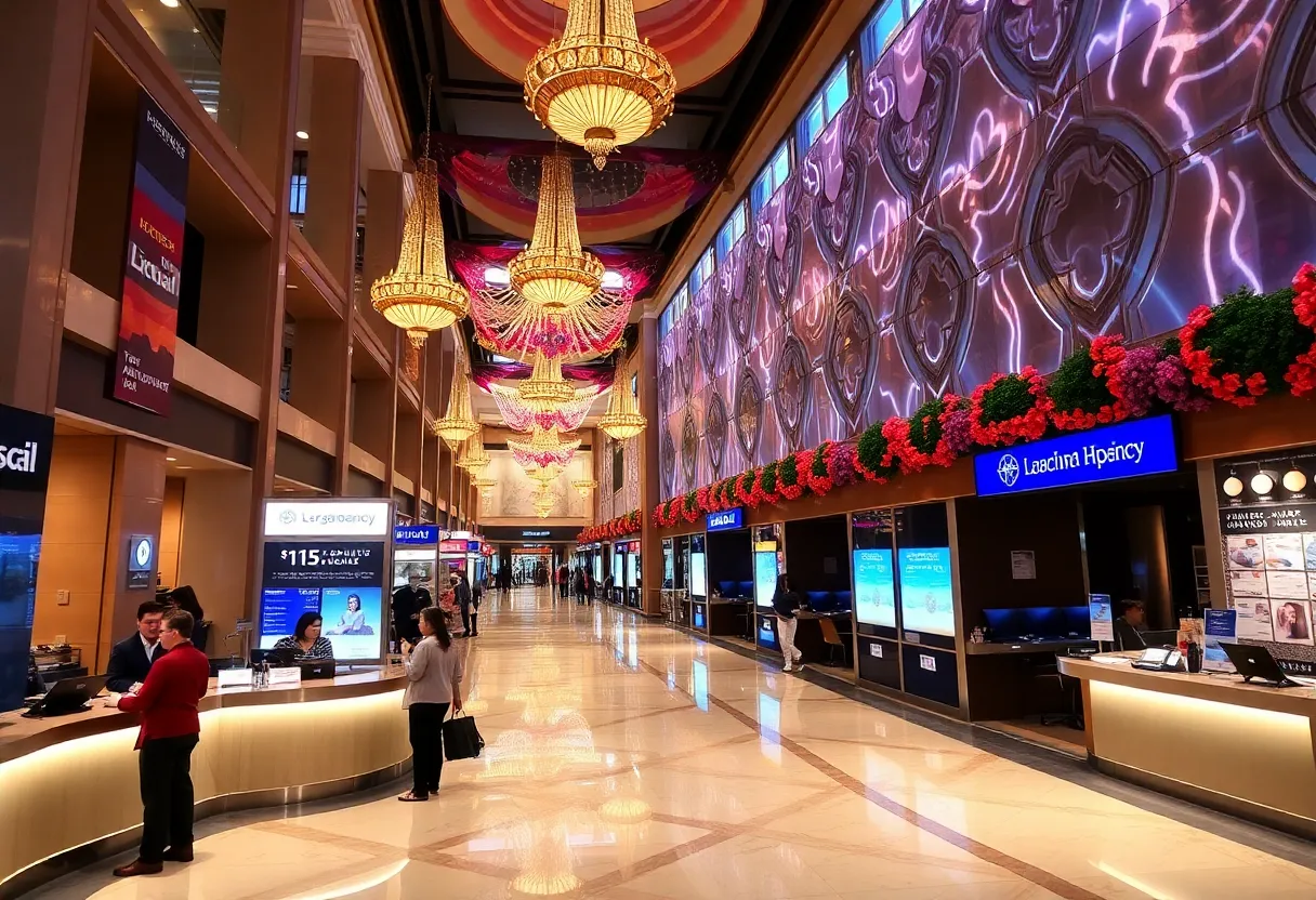 Hotel lobby in Las Vegas with pricing information displayed clearly