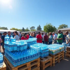 Community volunteers distributing bottled water during Project H2O event.