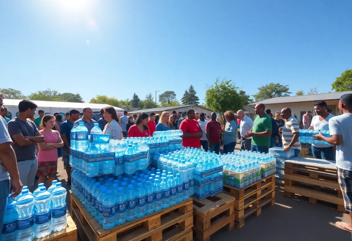 Community volunteers distributing bottled water during Project H2O event.