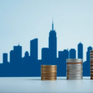 Visual representation of property tax funding with police badges and coins.