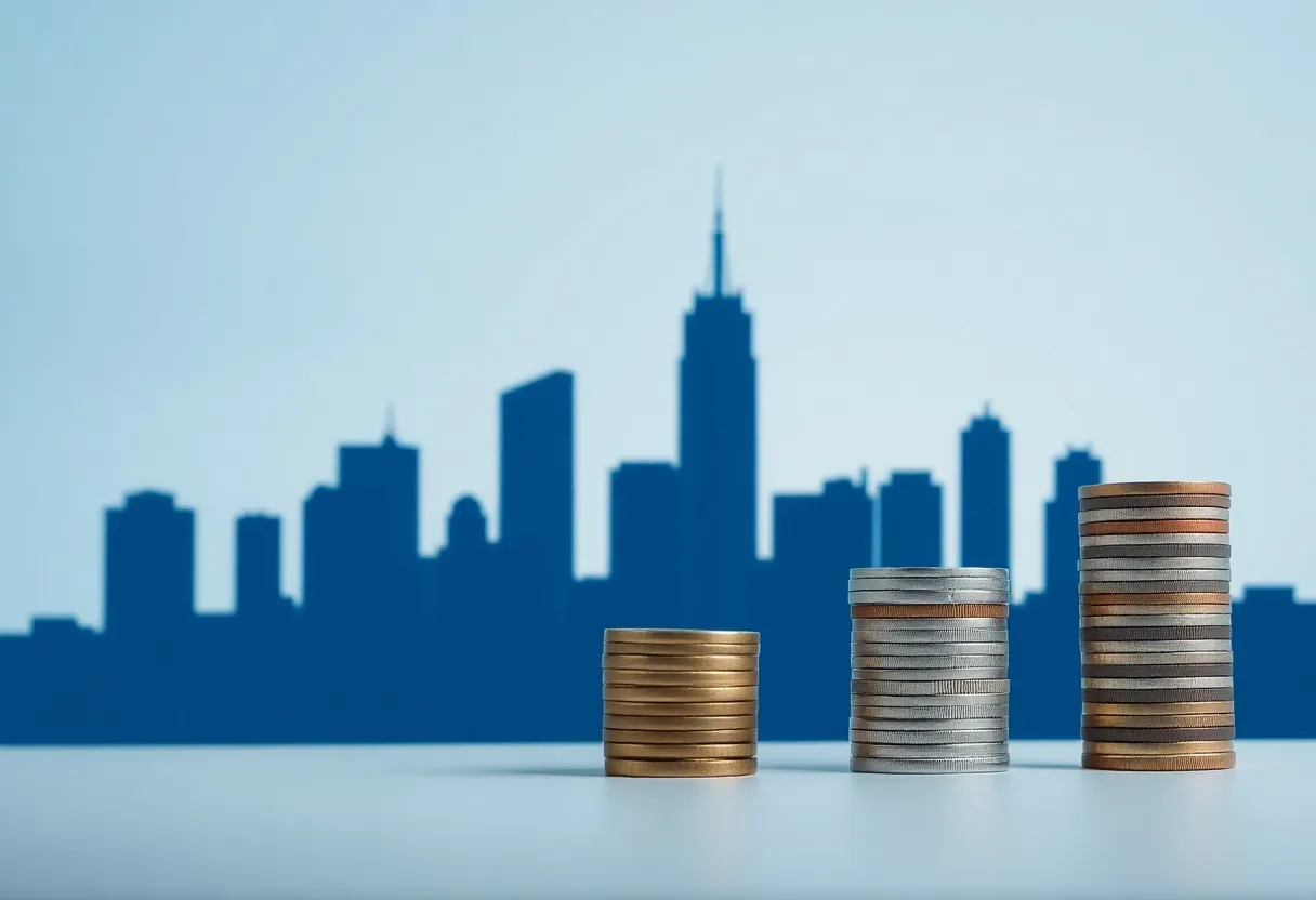 Visual representation of property tax funding with police badges and coins.