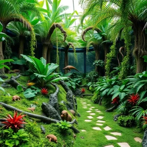 A view of the Rainforest Adventure exhibit showing lush greenery and interactive features