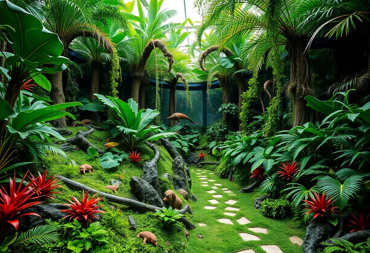 A view of the Rainforest Adventure exhibit showing lush greenery and interactive features