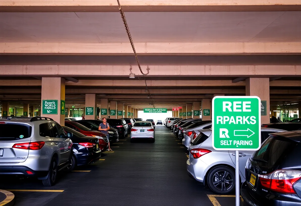 Free self-parking sign at Resorts World Las Vegas