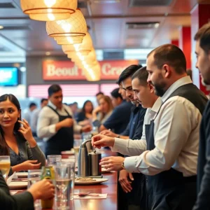 Restaurant staff serving customers, highlighting the importance of tips