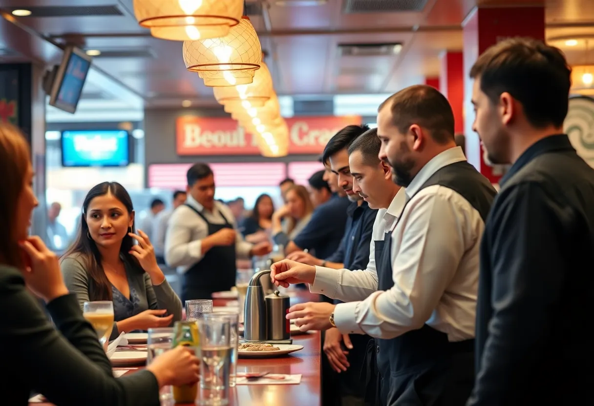 Restaurant staff serving customers, highlighting the importance of tips