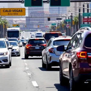 Traffic on a Las Vegas street with road construction and frustrated drivers