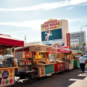 Food vendors on the streets of Las Vegas with people passing by