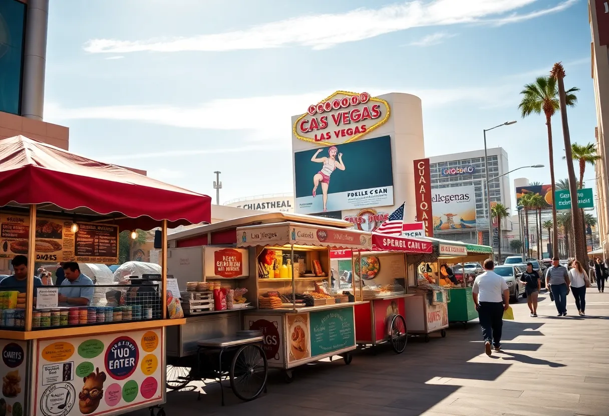Food vendors on the streets of Las Vegas with people passing by